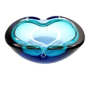 Mid-Century Murano Style Sommerso Blue Cobalt Heart Glass Bowl Ashtray